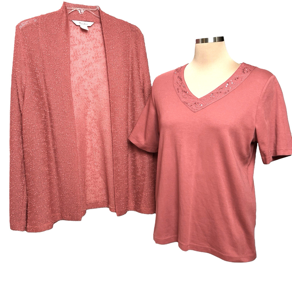 TanJay Cardigan Sweater Top Set Womens Medium Large Beaded Knit Pink Coral Vtg